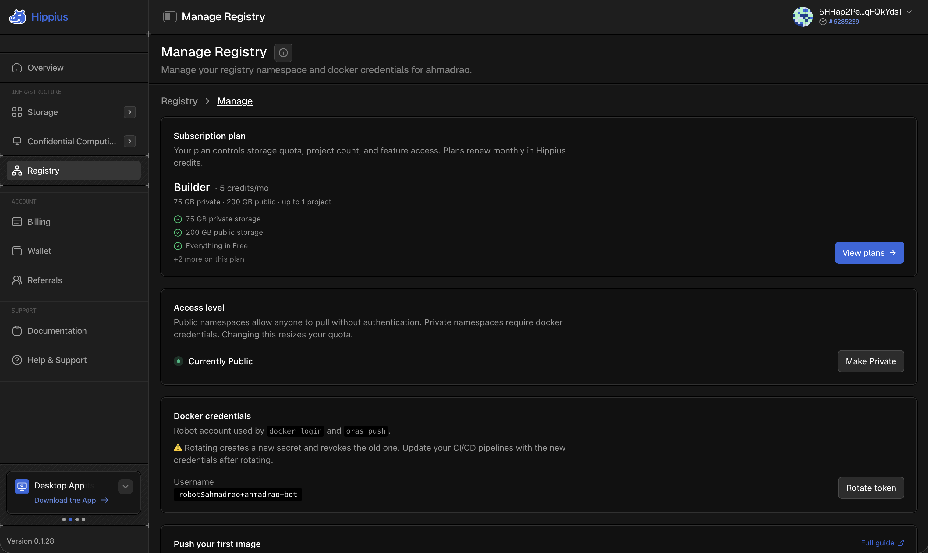 Manage registry namespace, access level, and docker credentials