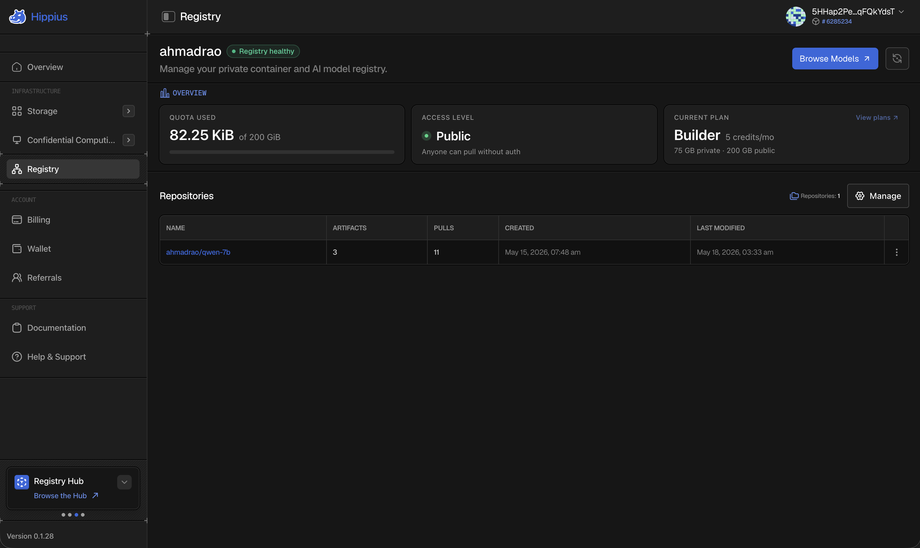 Registry repositories view in the Hippius console