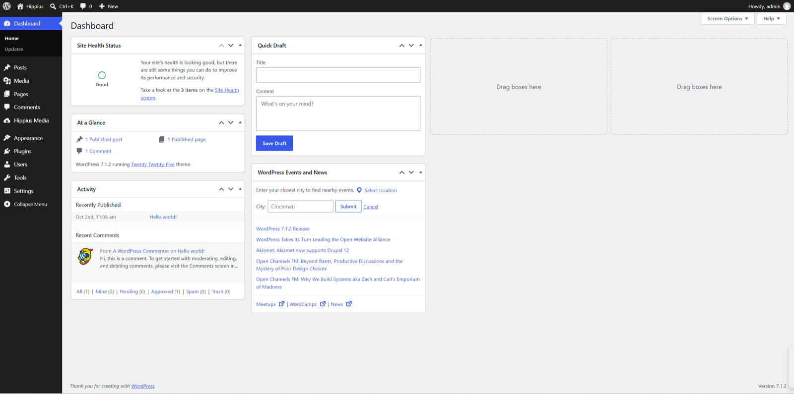 Hippius Media in the WordPress admin menu.