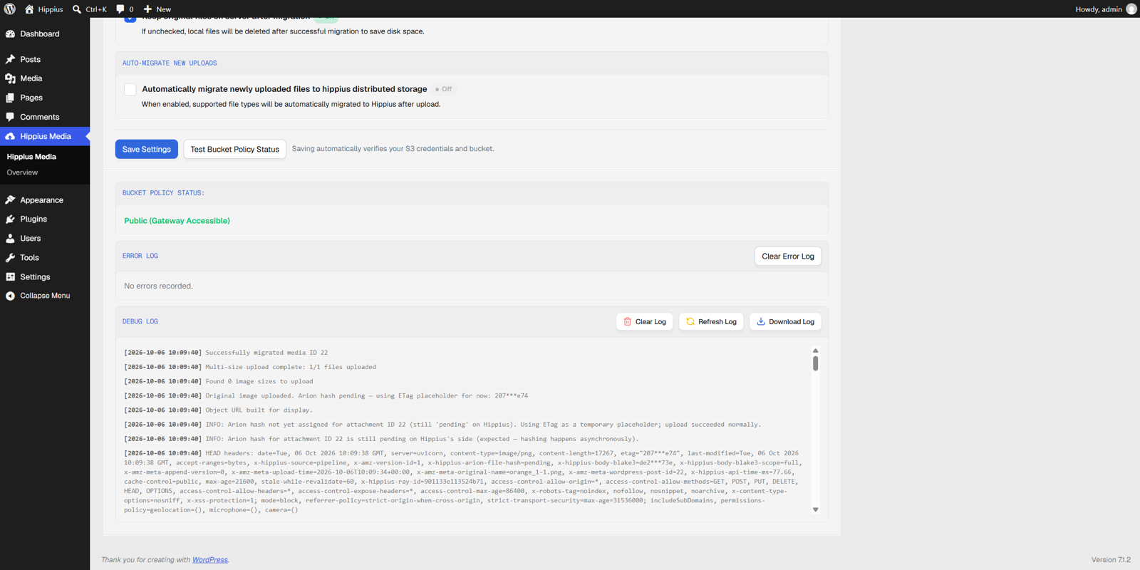 Error log and debug log for troubleshooting.